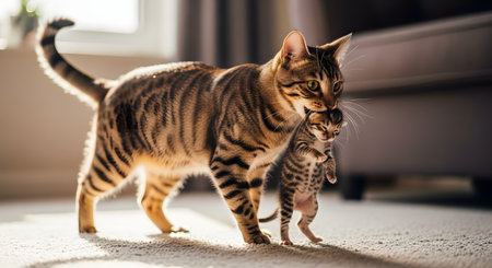 A tender moment of motherhood, as a tabby mother cat gently carries her tiny, newborn kitten by the scruff of its neck. They are walking across a carpeted floor in a home, backlit by warm sunlight from a window. The image captures maternal instinct, care, and feline family life.の素材