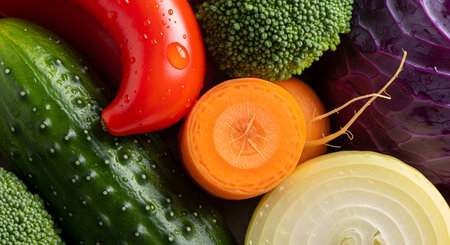 A vibrant,macro close-up shot of an assortment of fresh,raw vegetables. The image shows the textures of a cucumber,a red bell pepper with water droplets,broccoli,a sliced carrot,red cabbage,and a sliced onion.の素材