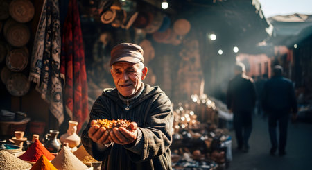 A portrait of a smiling elderly man with a mustache and cap, standing in a bustling Moroccan souk or bazaar. He holds his cupped hands out, offering nuts or dates, with colorful piles of spices visible in the blurred background.の素材