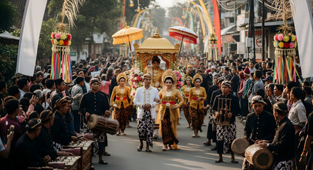 A traditional Indonesian wedding procession, possibly Javanese, parades down a street. A bride and groom in ornate golden and batik attire are surrounded by a large crowd, musicians playing gamelan, and attendants carrying ceremonial umbrellas and a palanquin.の素材