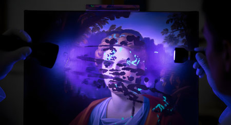 Art conservators inspect an old portrait painting using UV (ultraviolet) blacklight flashlights in a dark room. The purple UV light reveals hidden damage, previous restorations, and different pigments on the canvas. This image represents art conservation, restoration, science, and historical analysis.の素材