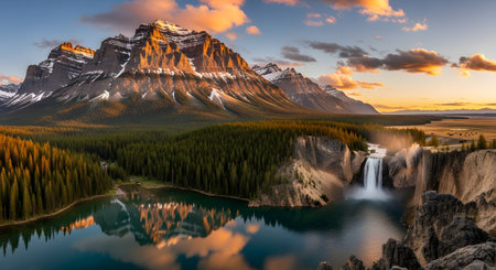 A breathtaking mountain landscape at sunset, with golden light hitting the snow-capped peaks. A powerful waterfall plunges into a tranquil lake, which perfectly reflects the mountains, forest, and colorful clouds.の素材