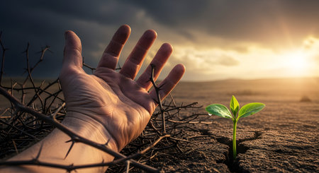 A conceptual image of hope and resilience, showing a single green sprout growing from dry, cracked earth. A human hand reaches out from thorny branches towards the plant, with a dramatic, stormy sky and bright sun in the background.の素材