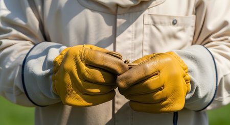 A close-up of a beekeeper's hands, protected by thick yellow leather gloves, gently holding a single honey bee. The beekeeper is wearing a white protective suit, highlighting the themes of apiculture, nature, and delicate handling.の素材