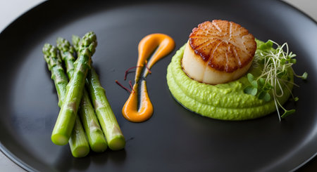 An elegantly plated gourmet dish on a black matte plate. It features a large, seared scallop on a bed of green pea puree, served with fresh asparagus and a decorative orange sauce swirl.の素材