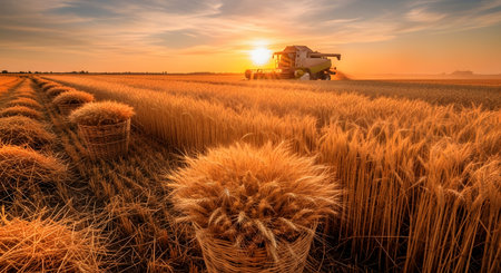 A scenic view of a wheat harvest at sunset. A combine harvester is working in the background of a vast, golden wheat field, while wicker baskets filled with harvested wheat sit in the foreground. The setting sun creates a warm, golden glow over the agricultural landscape.の素材