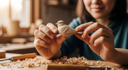 A close-up of a woman's hands holding and admiring a small, intricately carved wooden bird. Her workbench is covered in wood shavings and carving tools, and she has a slight smile, showing pride in her craft.の素材