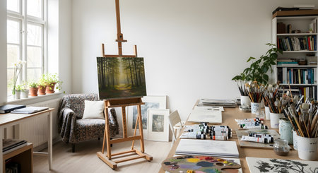 A bright and clean artist's studio with an easel displaying a finished forest landscape painting. A large table is covered with art supplies, including numerous brushes, paint tubes, and palettes, with a bookshelf and window in the background.の素材