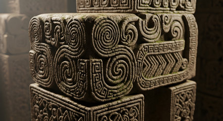 A close-up of an ancient, weathered stone block carved with intricate geometric patterns and spirals, possibly of Celtic or Aztec origin. The detailed carving shows signs of moss and age, illuminated by a soft, directional light.の素材