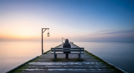 A lone figure in a dark hoodie sits on a wooden bench at the end of a long, mossy pier, gazing at the horizon. The tranquil sea is perfectly calm, reflecting the soft, minimalist colors of the sky at dawn or dusk. The scene evokes solitude, contemplation, peace, and quiet reflection.の素材