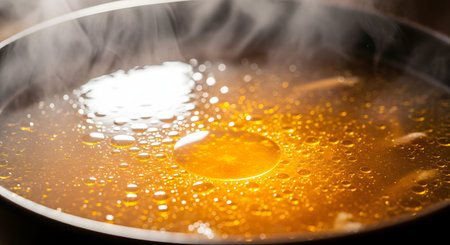 A macro, close-up shot of hot, steaming soup or broth in a dark pot. Golden oil droplets float on the surface of the simmering liquid, and steam rises, indicating it is freshly cooked.の素材