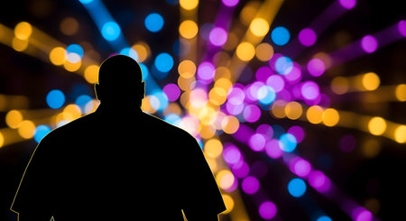 A dark silhouette of a person's head and shoulders is seen from behind, facing a vibrant, abstract background. The background is composed of colorful, radiating bokeh lights in purple, yellow, and blue.の素材