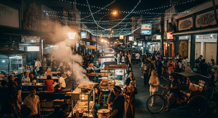 A bustling night street food market in Indonesia, likely Malioboro in Yogyakarta, filled with people, food stalls, and traditional becak (rickshaws). Smoke rises from a satay grill, and string lights hang overhead, creating a vibrant, atmospheric scene.の素材