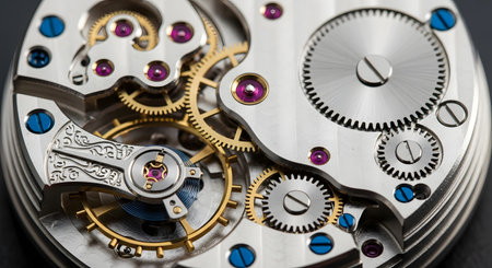 An extreme macro close-up of the intricate inner mechanism of a luxury watch. The image showcases the complex arrangement of gears, cogs, springs, and purple jewels (rubies), demonstrating precision engineering and horology.の素材