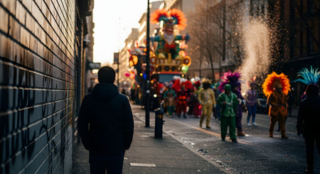 A view from behind a man standing alone on a city sidewalk, watching a vibrant and blurry street parade. In the distance, colorful floats, costumed performers, and confetti create a festive, celebratory atmosphere. This image contrasts observation with celebration.の素材