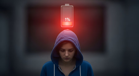 A conceptual image of a person in a blue hoodie with their head down, looking sad or tired. Above their head is a glowing red, digital icon of a battery at 1% charge. This represents burnout, exhaustion, low energy, depression, or fatigue.の素材