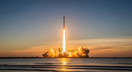 A powerful rocket launches into the sky, lifting off from a launchpad at sunset or sunrise. The bright flame and exhaust create a massive plume of smoke, which is reflected in the ocean water in the foreground, symbolizing technology and exploration.の素材