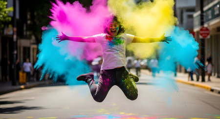 An ecstatic person with arms outstretched jumps in the air on a street, creating an explosion of colorful powder. The vibrant pink, yellow, and blue dust surrounds them, celebrating the Holi festival or pure joy.の素材
