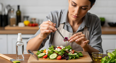 A focused woman, likely a chef or food stylist, wears an apron in a kitchen and uses tweezers to carefully place an edible flower as garnish on a fresh salad. The salad, on a wooden board, contains lettuce, tomatoes, cucumbers, and feta cheese.の素材