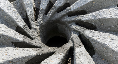 An extreme close-up, top-down view of a 3D-printed concrete object. The layered, rough texture of the additive manufacturing process is visible in the swirling, turbine-like design. This represents modern construction, 3D printing, technology, and innovative materials.の素材