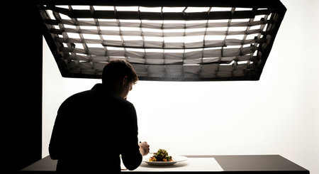 A silhouette of a food stylist or chef from behind, meticulously arranging a gourmet dish on a white plate. The scene is in a photo studio, lit from above by a large softbox with a grid, against a bright white background.の素材