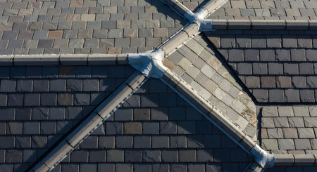 An aerial, top-down drone view of a roof made from multi-colored slate tiles. The image details the junction of roof pitches, showing the intricate lead flashing and hip flashing that seals the joints. The texture and pattern of the natural stone roofing are clearly visible.の素材