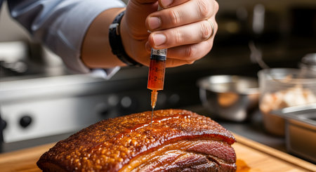 A close-up shot of a chef's hands using a syringe to inject a red marinade or sauce into a piece of roasted meat, possibly pork belly, with crispy skin. The scene takes place in a professional kitchen, with the meat on a wooden cutting board.の素材