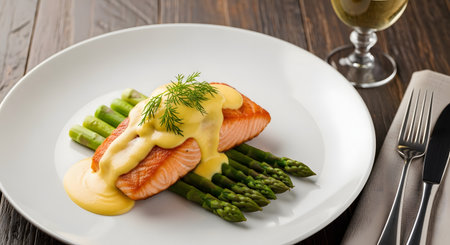 A gourmet plate of seared salmon fillet served on a bed of fresh green asparagus. The dish is topped with a creamy hollandaise sauce and garnished with a sprig of fresh dill, with a glass of white wine on the side.の素材