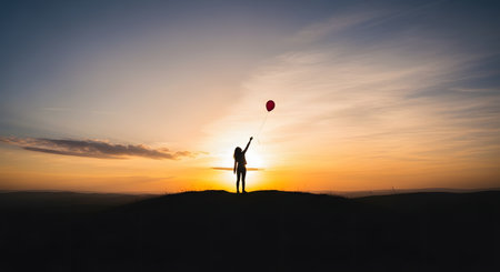 A silhouette of a woman standing on a hill against a vibrant sunset. She is holding the string of a single red balloon, which stands out against the orange and blue sky, evoking feelings of freedom, hope, or letting go.の素材