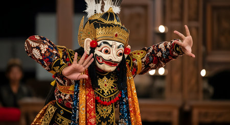 A traditional Indonesian dancer performs wearing an ornate Wayang Topeng (mask dance) costume. The dancer wears a colorful mask, an elaborate headdress, and batik clothing, with hands held in a classic dance pose.の素材