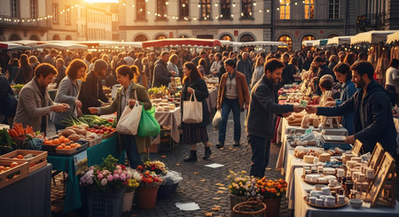 A bustling European-style outdoor farmers market at sunset. Crowds of people shop at various stalls selling fresh produce like vegetables and fruits, as well as cheese, bread, and flowers. The scene is set in a cobblestone town square with historic buildings, lit by string lights.の素材