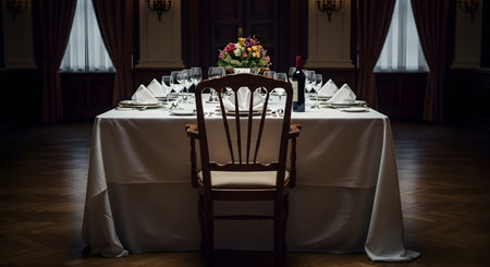 A long,formal dining table is elegantly set with a white tablecloth,fine china,glassware,and a floral centerpiece. In the foreground,a single wooden chair faces the table,set for one person,creating a sense of solitude or anticipation in the dimly lit,luxurious room.の素材