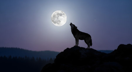 A powerful silhouette of a wolf standing on a rocky clifftop, howling at a large, bright full moon. The night sky is a clear gradient of purple and blue with stars, and a forest silhouette rests below. The image conveys wilderness, freedom, and primal instinct.の素材