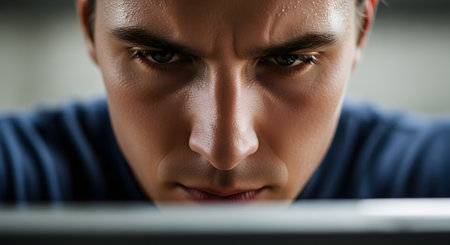 An extreme close-up of a man's face, showing intense focus and determination. His brows are furrowed, his eyes are fixed, and sweat is visible on his forehead, likely during a difficult workout or competition.の素材