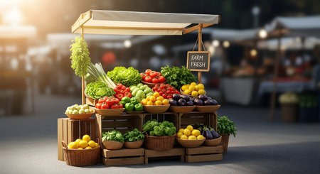 A beautiful wooden stall at an outdoor farmer's market, with a 'Farm Fresh' sign. The stall is abundantly stocked with colorful, fresh produce, including tomatoes, lettuce, lemons, broccoli, and eggplants, all arranged in baskets and crates. The background is blurred, suggesting a sunny, bustling market day.の素材