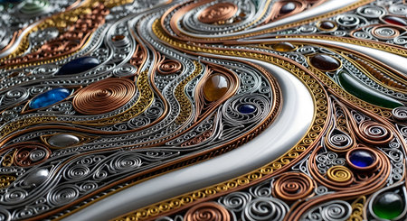 A close-up, macro detail of an intricate wire-wrap sculpture or piece of jewelry. Wires of silver, copper, and gold are expertly swirled and coiled into complex patterns, set with colorful, polished gemstones. The image showcases detailed craftsmanship, luxury, and abstract art.の素材