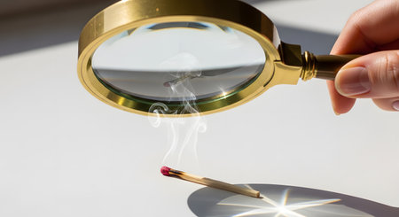 A hand holds a brass magnifying glass, focusing a beam of sunlight onto the red tip of a matchstick lying on a white surface. The concentrated light is causing the match to smoke and ignite, demonstrating a science concept.の素材