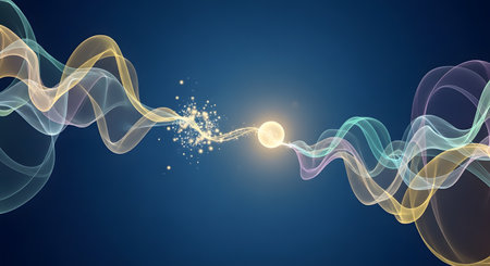 An abstract digital art image showing translucent, colorful light waves flowing from a glowing central particle. The particle emits smaller light sparks, all set against a dark blue background, representing energy, quantum physics, or technology.の素材