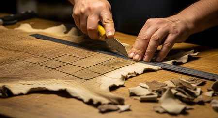 A close-up shot of a craftsman's hands using a utility knife and a metal ruler to cut a precise grid pattern into a large piece of brown leather or animal hide. The artisan is working at a wooden workbench, with small scraps of leather nearby. This image represents leatherworking, craftsmanship, and handmade goods.の素材