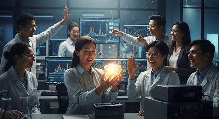 A diverse team of excited Asian scientists in a futuristic lab celebrate a major breakthrough. A senior female researcher holds a glowing, holographic cube, while her colleagues cheer and point at data on surrounding computer monitors. This image symbolizes innovation, teamwork, and scientific discovery.の素材