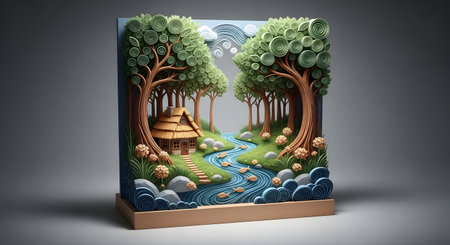 An intricate paper quilling diorama depicting a charming forest scene. A small cottage with a thatched roof sits by a blue river with fish, surrounded by trees with swirled green leaves, all made from rolled paper.の素材
