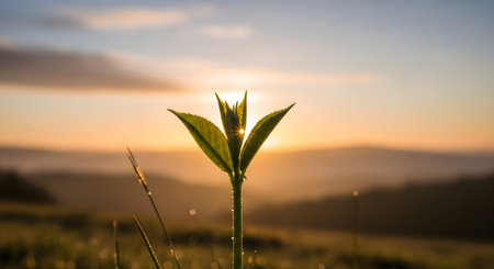 A close-up macro shot of a small, green plant seedling with a few leaves, back-lit by the rising sun. The sun's light creates a starburst effect through the leaves, set against a soft-focus background of a misty morning landscape. This image symbolizes new beginnings, hope, and growth.の素材