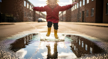 A joyful young child in a red raincoat and yellow rubber boots jumps high, splashing in a puddle on an asphalt street. The low sun creates a bright reflection and a small rainbow in the water. This image captures the simple joy, fun, and carefree spirit of childhood.の素材