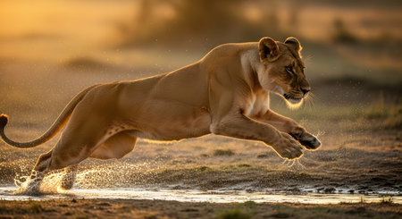 A powerful lioness is captured in mid-air, leaping or running through a shallow body of water at sunset. The scene is backlit by a warm, golden light, which illuminates the splashing water droplets and the predator's muscular body in the African savanna.の素材