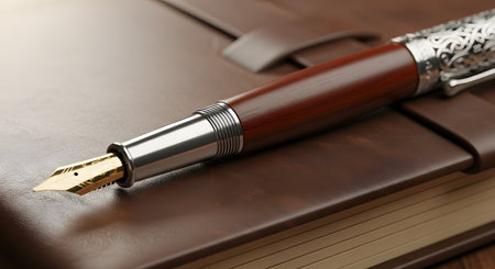 An elegant close-up of a luxury fountain pen with a wooden barrel, ornate silver trim, and a gold nib. The pen is resting on the cover of a classic brown leather-bound journal or notebook.の素材