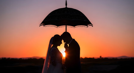 A romantic silhouette of a bride and groom, possibly in traditional Indian wedding attire, standing head-to-head under an ornate umbrella. The couple is set against a stunning, vibrant orange sunset.の素材