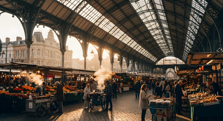A bustling European-style indoor market with a high, arched glass and steel roof. Shoppers browse stalls filled with fresh produce, and the morning sun streams in, creating a warm, hazy atmosphere.の素材