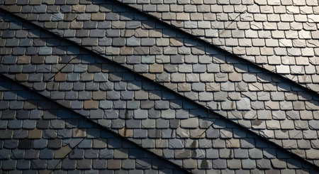 A close-up texture shot of a dark grey slate roof, showing the overlapping pattern of the rectangular tiles. Diagonal lines of shadow and light cut across the roof, highlighting the natural texture and color variations of the stone.の素材
