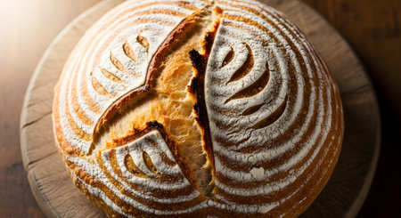 An overhead, close-up shot of a rustic, round loaf of artisan sourdough bread (boule) on a wooden cutting board. The beautifully baked loaf features a golden-brown, flour-dusted crust with distinctive scoring patterns, known as an 'ear'.の素材
