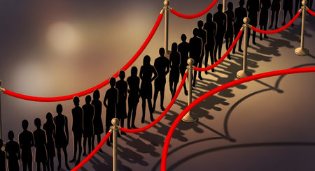 A digital illustration of a long, winding queue of people, depicted as black silhouettes. The line is organized by red velvet ropes and stanchions, representing waiting, patience, a long line, or an exclusive event.の素材
